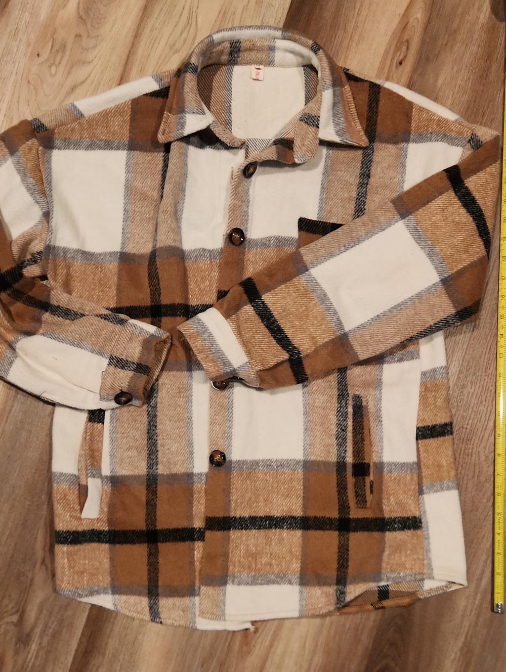 Womens Plaid Button-Up Shacket Jacket in Brown and Cream